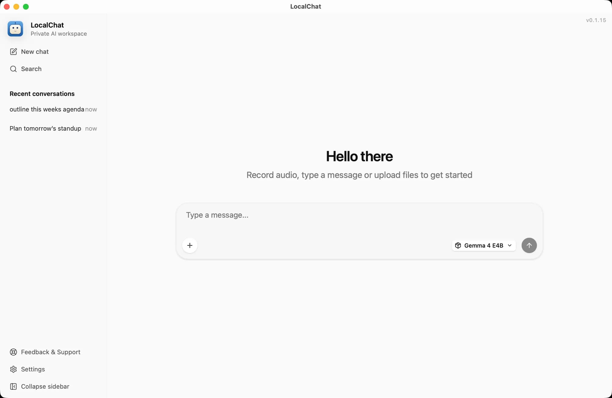 LocalChat app on macOS with a private AI workspace: recent conversations in the sidebar, a message box with file upload and audio recording, and an on-device Gemma model selected