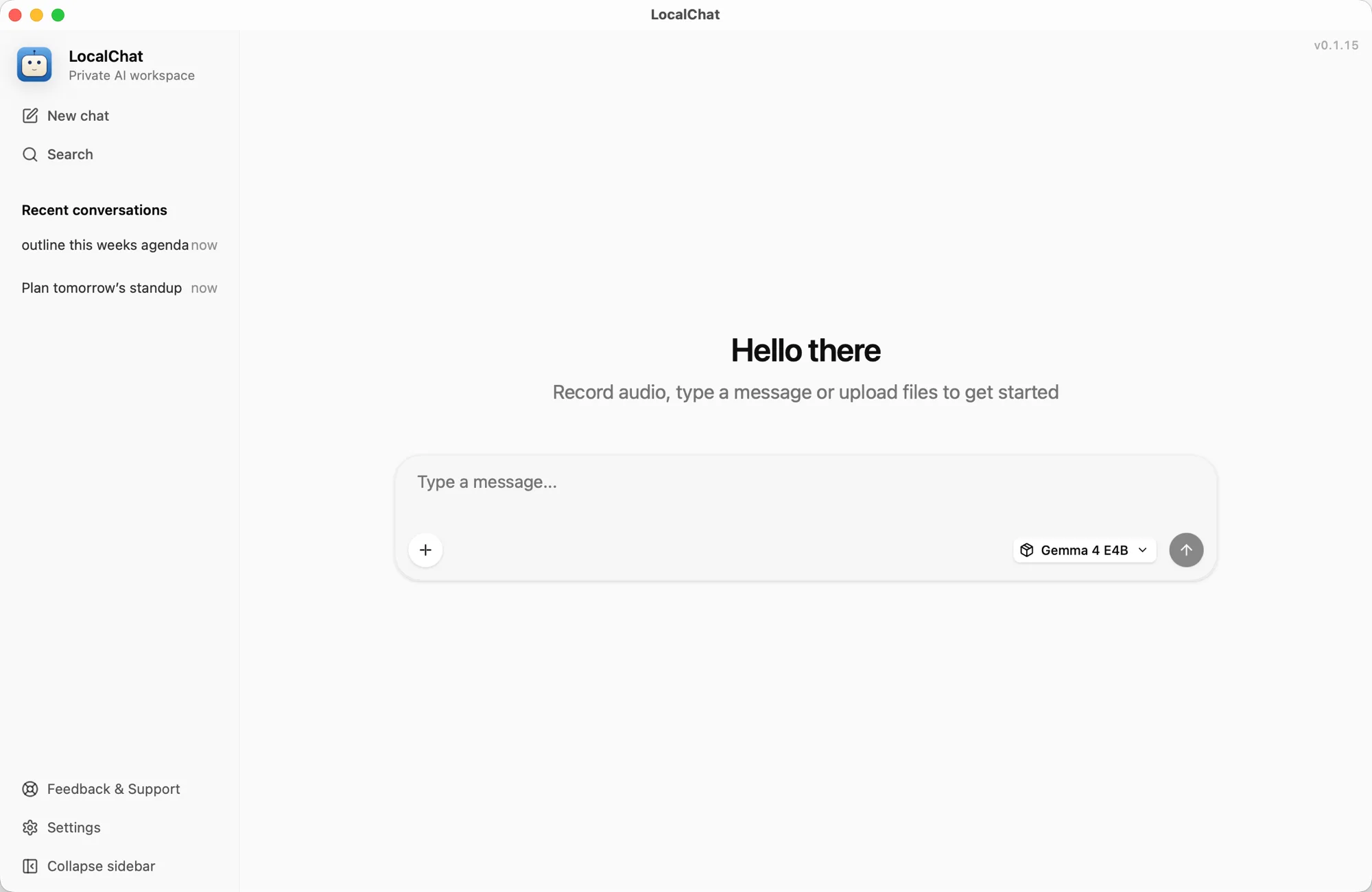 LocalChat app on macOS with a private AI workspace: recent conversations in the sidebar, a message box with file upload and audio recording, and an on-device Gemma model selected